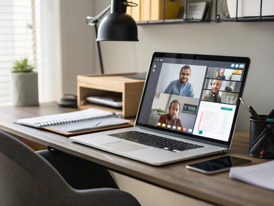 Arbeitsplatz mit Laptop, der Beratung und digitale Produkte nebeneinander zeigt – symbolisch für Dienstleistungen für Nischenseiten
