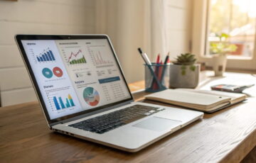 Laptop mit Symbolen für digitale Produkte wie E-Book, Video und Checkliste – Fokus auf Einnahmequelle für Nischenseiten