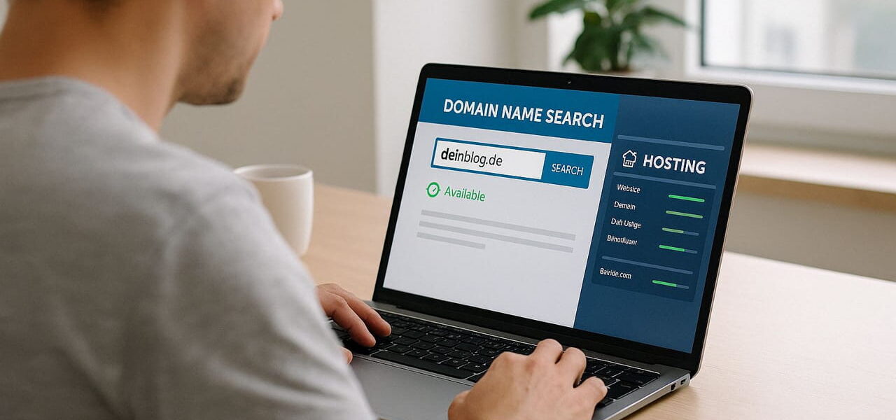 Person richtet Blog ein – Domain-Suche und Hosting-Verwaltung am Laptop sichtbar