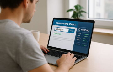 Person richtet Blog ein – Domain-Suche und Hosting-Verwaltung am Laptop sichtbar