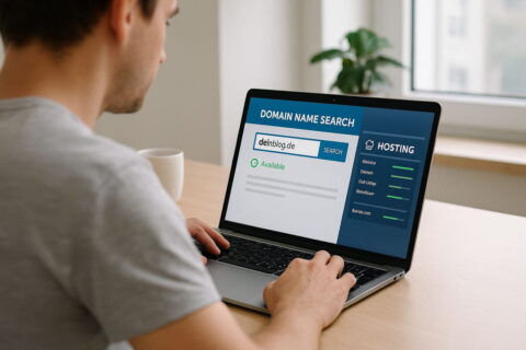 Person richtet Blog ein – Domain-Suche und Hosting-Verwaltung am Laptop sichtbar