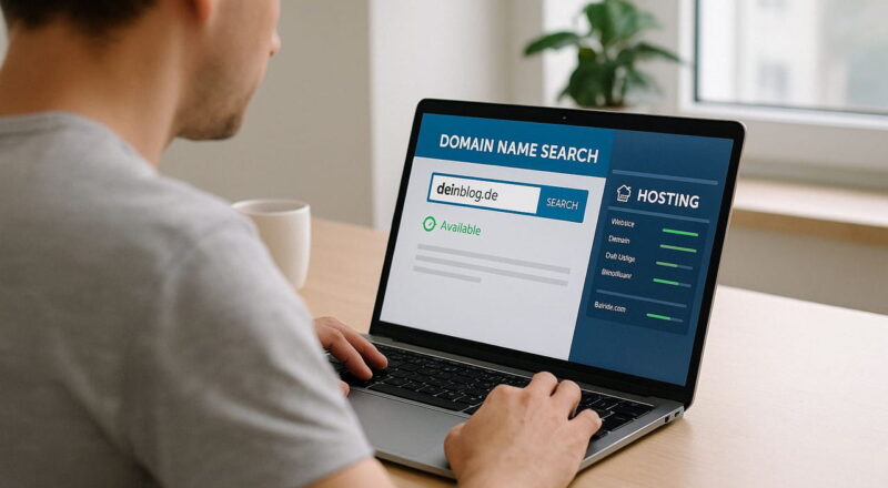 Person richtet Blog ein – Domain-Suche und Hosting-Verwaltung am Laptop sichtbar