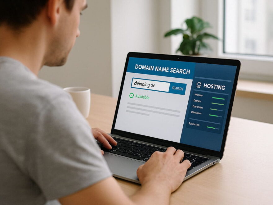 Person richtet Blog ein – Domain-Suche und Hosting-Verwaltung am Laptop sichtbar