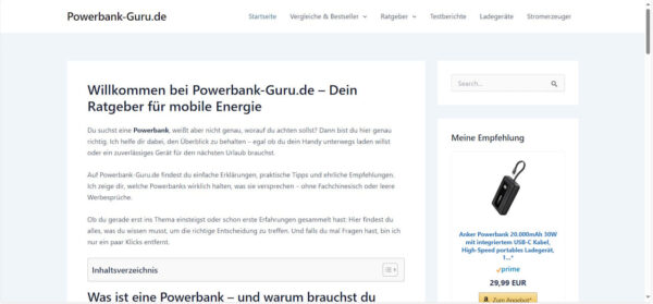 Beispiel einer Nischenseite für WordPress Multisite – Powerbank-Guru.de
