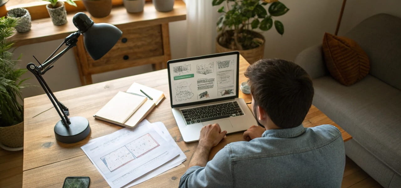 Freelancer erstellt Nischenseiten auf Bestellung am Laptop in einem modernen Home-Office