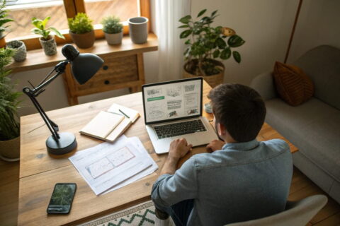 Freelancer erstellt Nischenseiten auf Bestellung am Laptop in einem modernen Home-Office