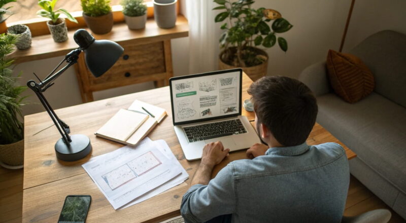 Freelancer erstellt Nischenseiten auf Bestellung am Laptop in einem modernen Home-Office