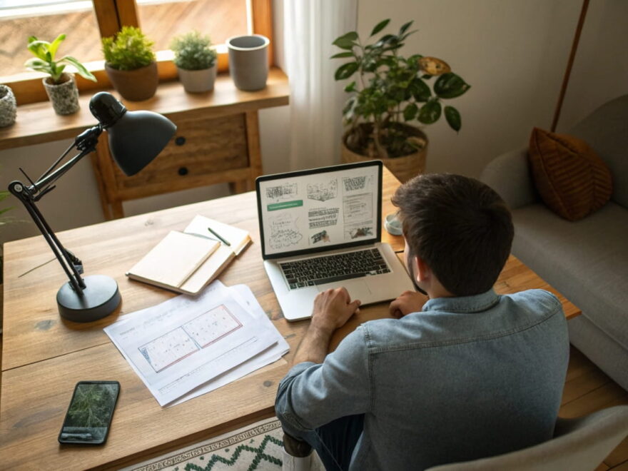 Freelancer erstellt Nischenseiten auf Bestellung am Laptop in einem modernen Home-Office