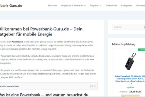 Screenshot der Startseite von Powerbank-Guru.de mit Technik-Ratgebern und Produktvergleichen