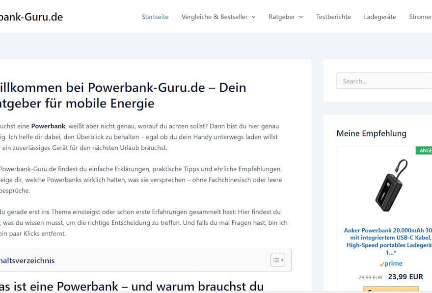 Screenshot der Startseite von Powerbank-Guru.de mit Technik-Ratgebern und Produktvergleichen