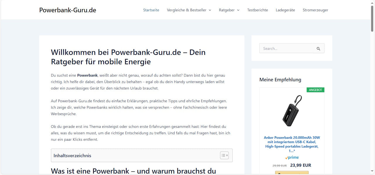 Screenshot der Startseite von Powerbank-Guru.de mit Technik-Ratgebern und Produktvergleichen