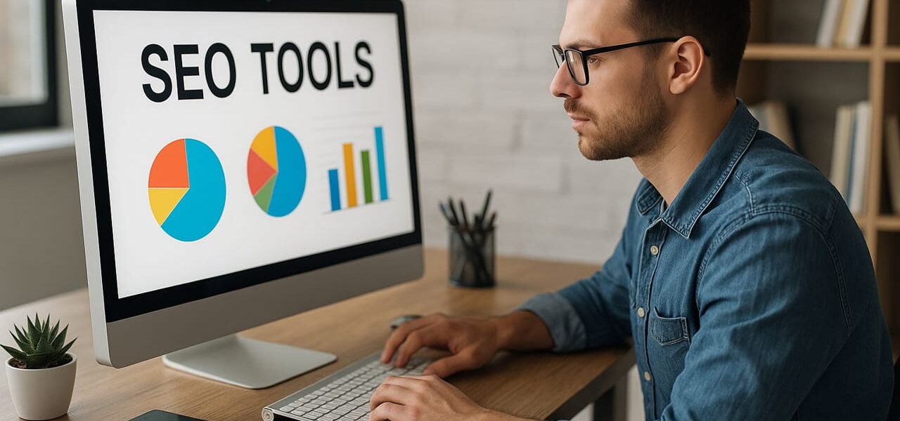 Junger Mann arbeitet am Computer mit SEO-Tools zur Webseitenoptimierung