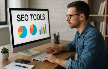Junger Mann arbeitet am Computer mit SEO-Tools zur Webseitenoptimierung