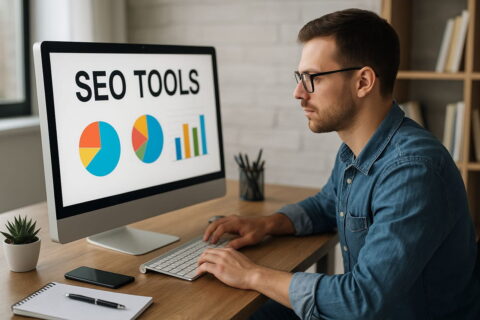 Junger Mann arbeitet am Computer mit SEO-Tools zur Webseitenoptimierung