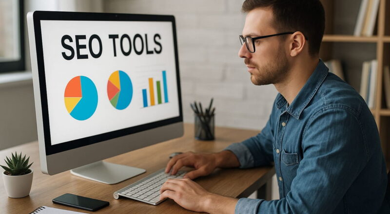 Junger Mann arbeitet am Computer mit SEO-Tools zur Webseitenoptimierung