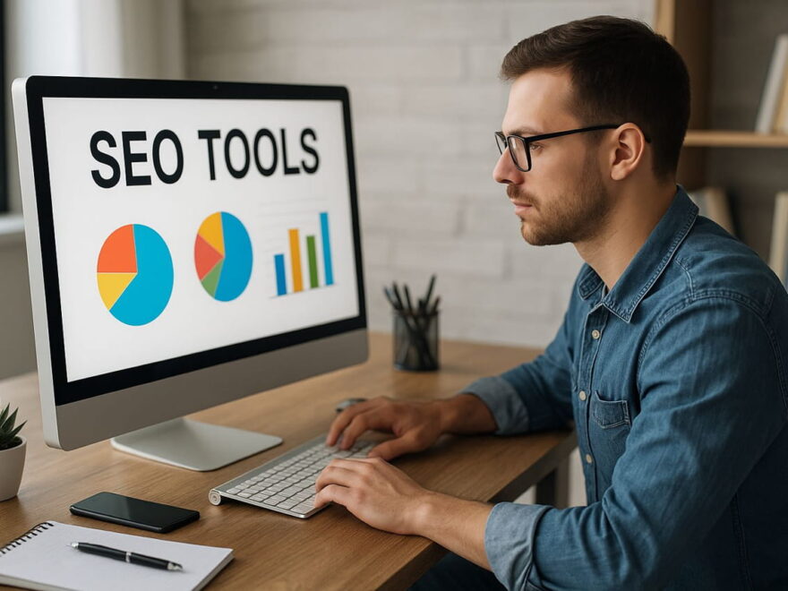 Junger Mann arbeitet am Computer mit SEO-Tools zur Webseitenoptimierung