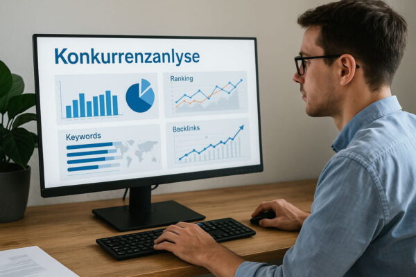 Mann analysiert Wettbewerbsdaten mit SEO-Tools am Monitor