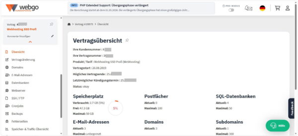 webgo Kundenportal mit technischen Hosting-Funktionen Screenshot des webgo Kundenportals mit Vertragsübersicht, Speicherplatz, Datenbanken, Domains, SSH, Cronjobs und Backups