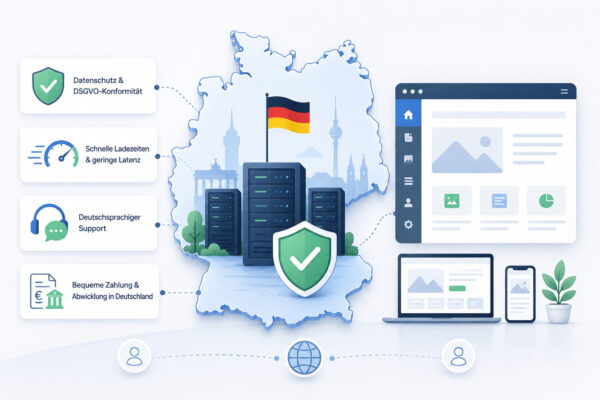 WordPress Hosting in Deutschland: Vorteile für Datenschutz, Ladezeit und Support Infografik zu WordPress Hosting in Deutschland mit Serverstandort, Datenschutz, Ladezeit und deutschsprachigem Support