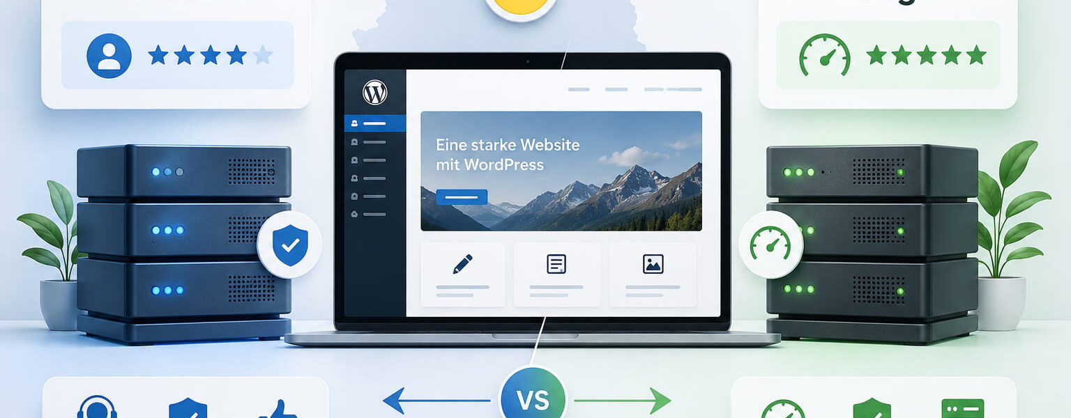 WordPress Hosting Vergleich zwischen All-Inkl und webgo mit Servern, Dashboard, Deutschland-Bezug und Performance-Symbolen