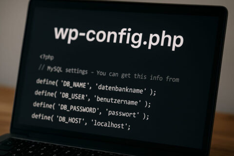 Laptop mit geöffneter wp-config.php Datei in WordPress