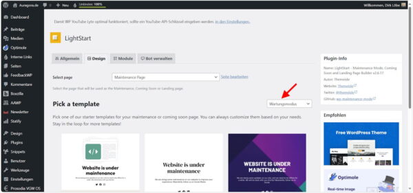 Vorlage für Wartungsmodus im Designbereich auswählen Design-Tab des LightStart-Plugins mit Auswahl der Wartungsseite