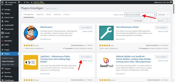 WordPress Plugin „LightStart – Maintenance Mode“ installieren Plugin „LightStart“ im WordPress-Pluginverzeichnis zur Installation ausgewählt
