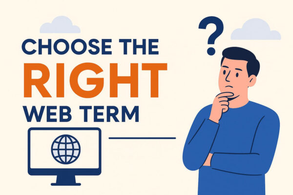 Warum die richtige Begriffswahl im Web entscheidend ist Mann denkt über die richtige Begriffswahl im Web nach, mit Text „Choose the right web term“