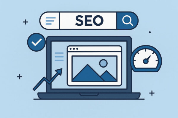 Bilder und Medien richtig optimieren – für bessere SEO und schnellere Ladezeiten Laptop mit Bild und Geschwindigkeitssymbol zur Darstellung von SEO-Optimierung für Bilder und Medien