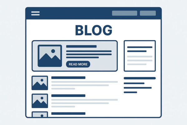 Blogbereich gestalten – Inhalte übersichtlich präsentieren Illustration eines Blogbereichs mit klarer Seitenstruktur und Artikellisten