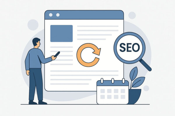 Content-Aktualisierung und Pflege als Teil der Onpage-Optimierung Illustration zur regelmäßigen Pflege und Aktualisierung von Inhalten für nachhaltige SEO