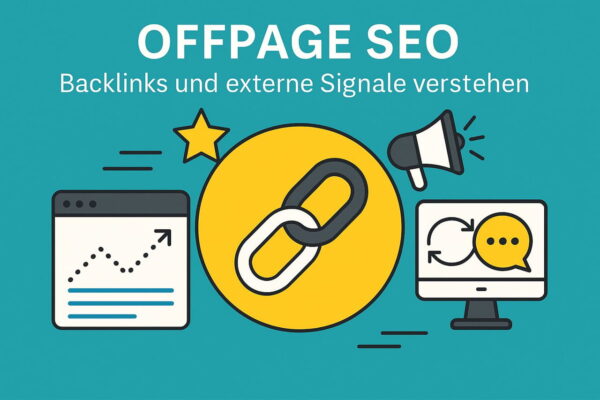 Offpage-SEO: Backlinks und externe Signale im Überblick Offpage-SEO erklärt mit Symbolen für Backlinks, externe Signale und Sichtbarkeit
