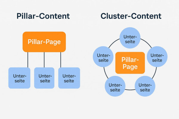 Pillar-Content vs. Cluster-Content – Struktur im Vergleich Unterschied zwischen Pillar-Content und Cluster-Content als Grafik