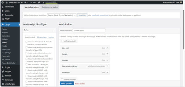 Screenshot: WordPress-Seiten ins Navigationsmenü einfügen Seiten in WordPress im Footer-Menü strukturieren