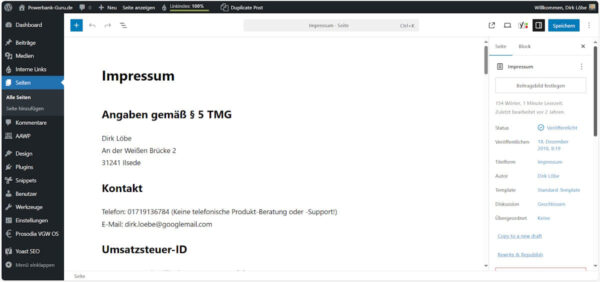 Screenshot: Impressum als typische Seite in WordPress bearbeiten Bearbeitungsansicht einer Impressum-Seite in WordPress