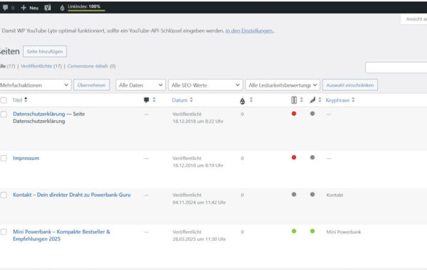 seiten wordpress dashboard Seiten in WordPress verwalten im Beispiel von Powerbank-Guru.de