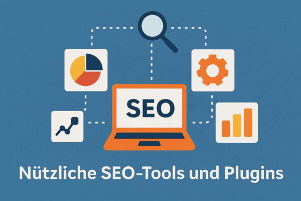 Nützliche SEO-Tools und Plugins für deinen Einstieg Illustration mit SEO-Tools, Diagrammen und Laptop als Einstiegshilfe für Anfänger