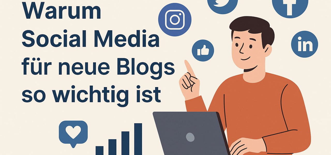 Social Media ist wichtig für neue Blogs – Illustration mit Icons und Laptop