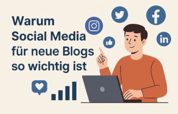 Social Media ist wichtig für neue Blogs – Illustration mit Icons und Laptop