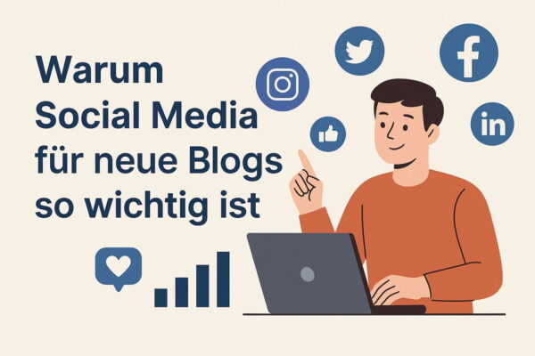 Warum Social Media für neue Blogs so wichtig ist Social Media ist wichtig für neue Blogs – Illustration mit Icons und Laptop