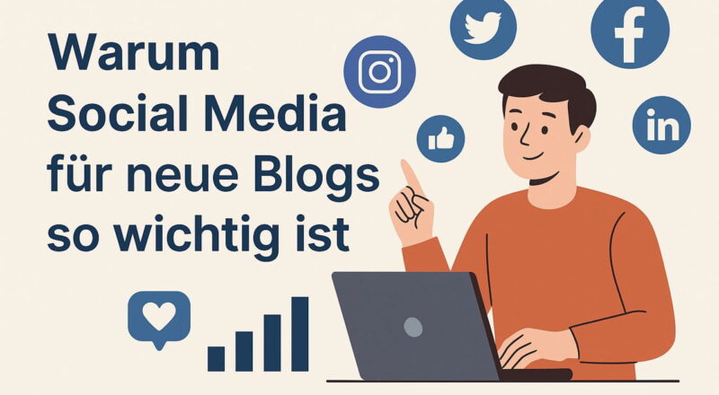 Social Media ist wichtig für neue Blogs – Illustration mit Icons und Laptop