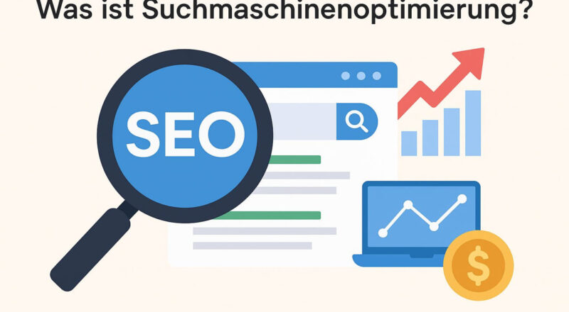 Was ist Suchmaschinenoptimierung? Grafische Darstellung mit SEO-Symbolen