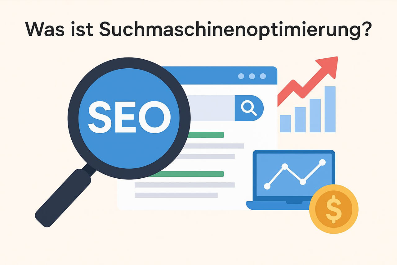 Was ist Suchmaschinenoptimierung? Grafische Darstellung mit SEO-Symbolen