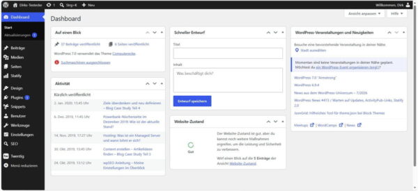 WordPress Backend mit dem Admin-Menü für Beiträge, Seiten, Plugins und Einstellungen