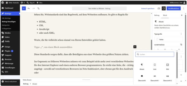 WordPress Block-Editor mit Text-, Überschrift- und Bildblöcken