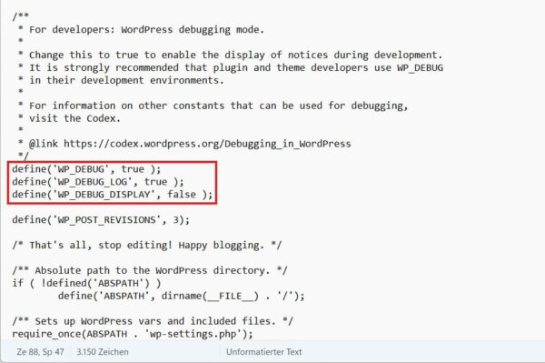 WordPress-Fehlerprotokoll über die wp-config.php aktivieren WordPress Debug-Log bei Login Problemen in der wp-config.php aktivieren