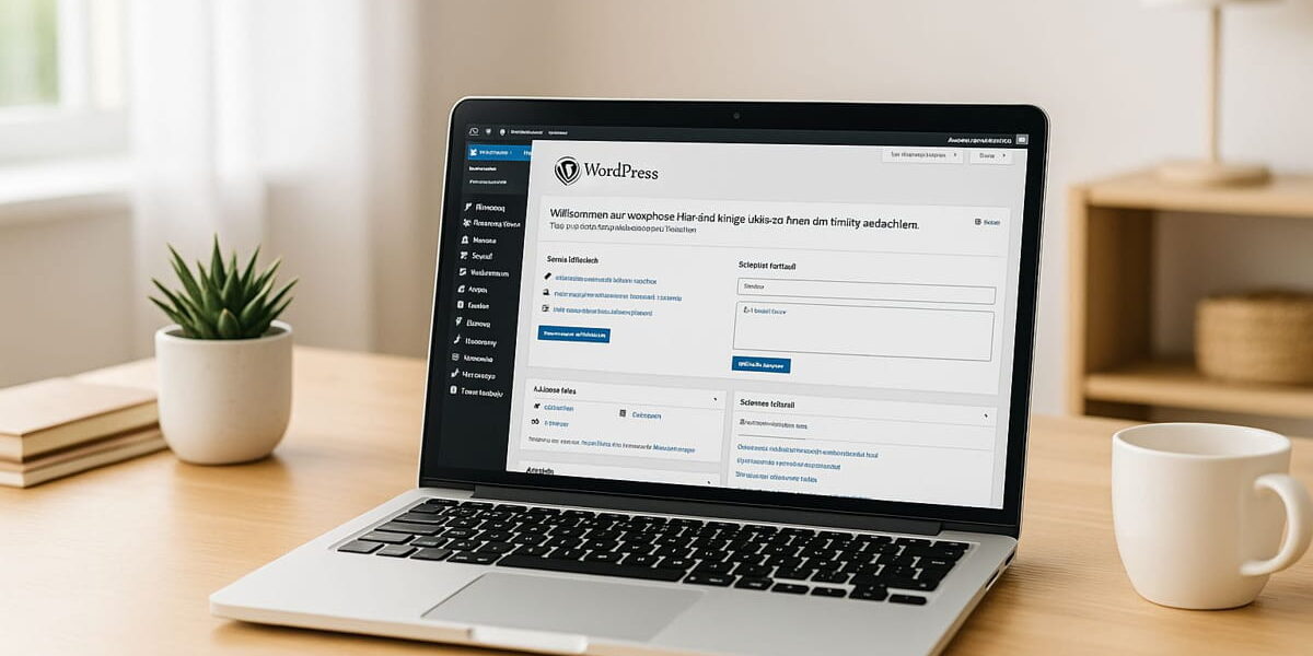 Laptop mit geöffneter WordPress-Oberfläche auf einem modernen Schreibtisch