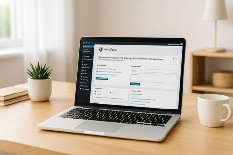 Laptop mit geöffneter WordPress-Oberfläche auf einem modernen Schreibtisch