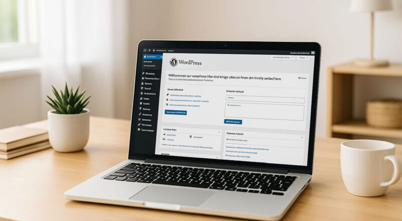 Laptop mit geöffneter WordPress-Oberfläche auf einem modernen Schreibtisch