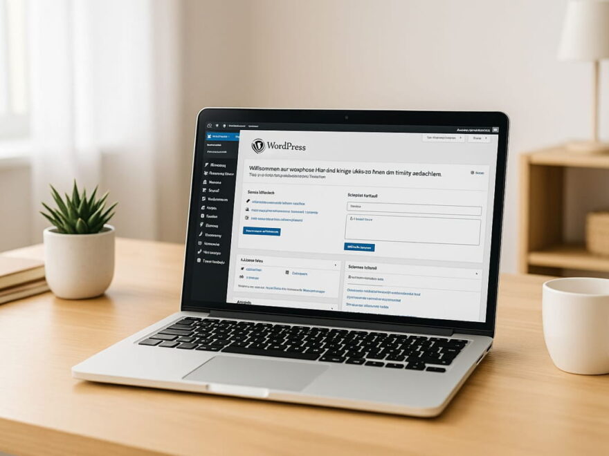 wordpress einsteiger uebersicht Laptop mit geöffneter WordPress-Oberfläche auf einem modernen Schreibtisch